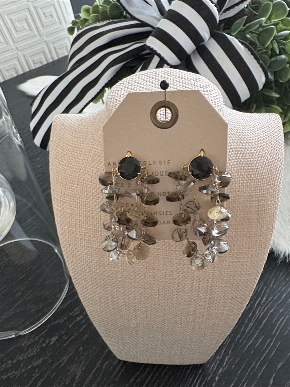 Anthropologie Gold-Tone Earrings with Black and Brown Crystal Drops
